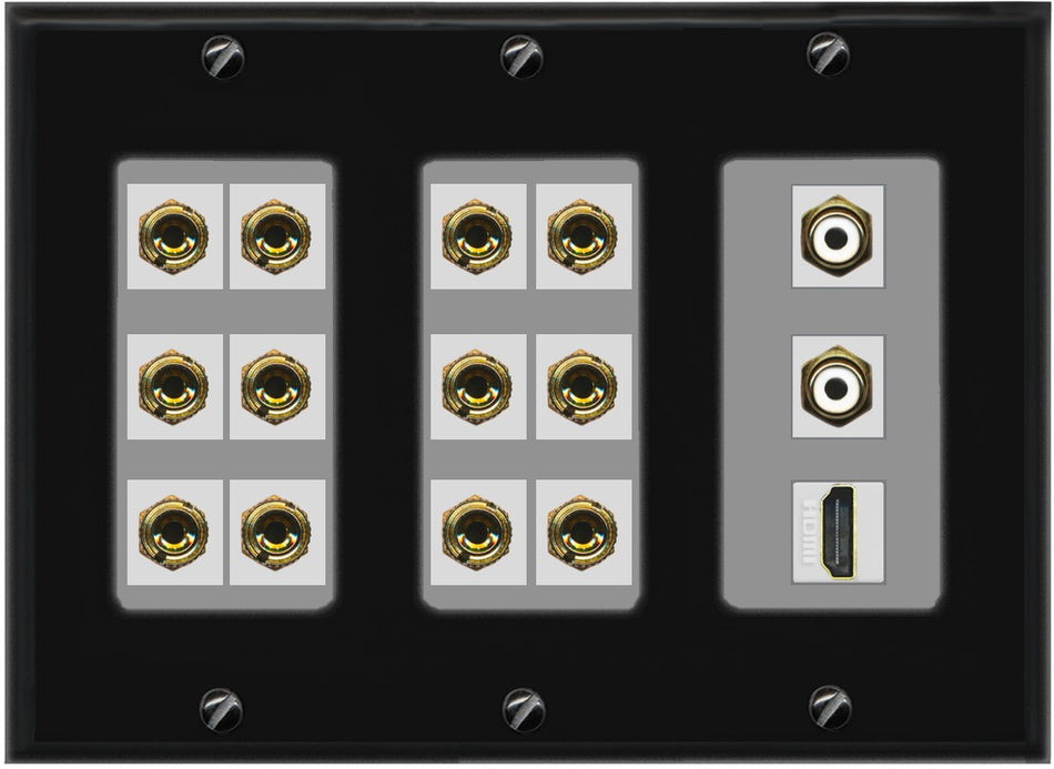 RiteAV 6.2 Surround Sound 6 Speaker 12 Banana Plug Jack Wall Plate w/ 2 RCA Subwoofer + 1 HDMI Female Connectors - 3 Gang [Black/Gray]