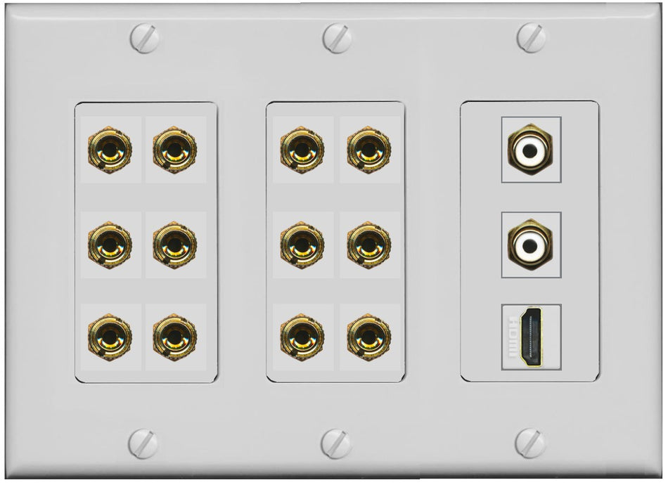 RiteAV 6.2 Surround Sound 6 Speaker 12 Banana Plug Jack Wall Plate w/ 2 RCA Subwoofer + 1 HDMI Female Connectors - 3 Gang [Gray]