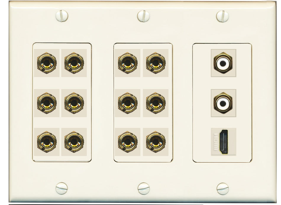 RiteAV 6.2 Surround Sound 6 Speaker 12 Banana Plug Jack Wall Plate w/ 2 RCA Subwoofer + 1 HDMI Female Connectors - 3 Gang [Light Almond]
