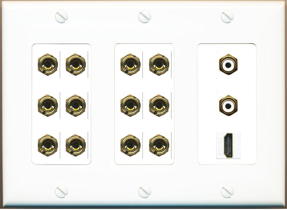 RiteAV 6.2 Surround Sound 6 Speaker 12 Banana Plug Jack Wall Plate w/ 2 RCA Subwoofer + 1 HDMI Female Connectors - 3 Gang [White]