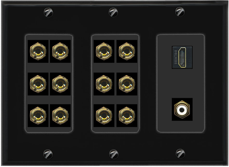 RiteAV 6.1 Surround Sound 6 Speaker 12 Banana Wall Plate with HDMI and RCA Female to Female Connectors - 3 Gang [Black]