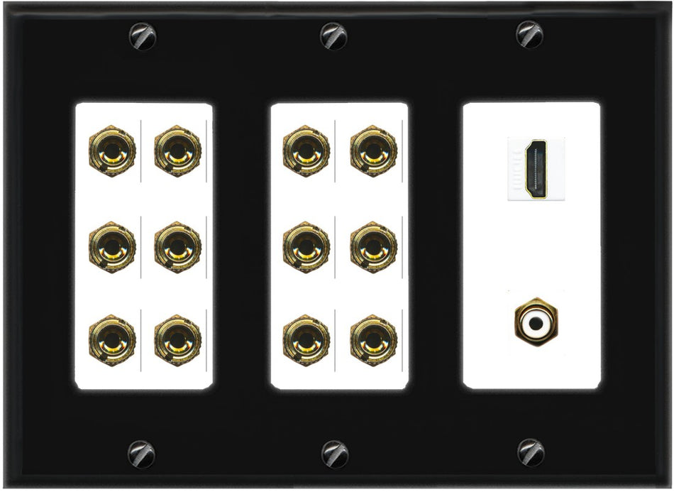 RiteAV 6.1 Surround Sound 6 Speaker 12 Banana Wall Plate with HDMI and RCA Female to Female Connectors - 3 Gang [Black/White]