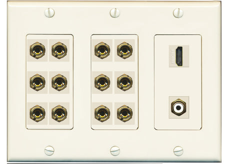 RiteAV 6.1 Surround Sound 6 Speaker 12 Banana Wall Plate with HDMI and RCA Female to Female Connectors - 3 Gang [Light Almond]
