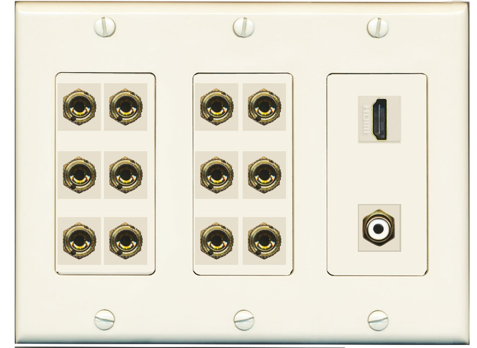RiteAV 6.1 Surround Sound 6 Speaker 12 Banana Wall Plate with HDMI and RCA Female to Female Connectors - 3 Gang [Light Almond]