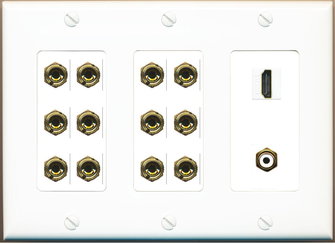 RiteAV 6.1 Surround Sound 6 Speaker 12 Banana Wall Plate with HDMI and RCA Female to Female Connectors - 3 Gang [White]