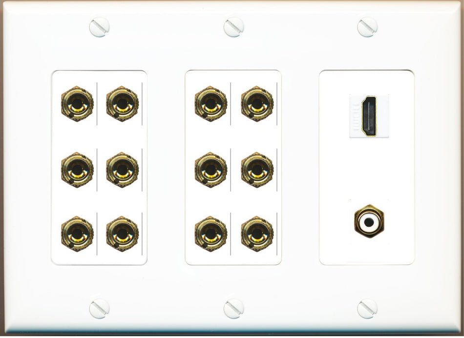RiteAV 6.1 Surround Sound 6 Speaker 12 Banana Wall Plate with HDMI and RCA Female to Female Connectors - 3 Gang [White]