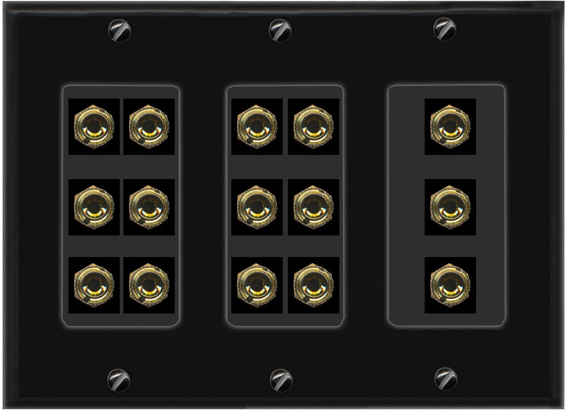 RiteAV 6.1 Surround Sound 6 Speaker 12 Banana Plug Jack Wall Plate w/RCA Subwoofer + 2 HDMI Female Connectors - 3 Gang [Black]