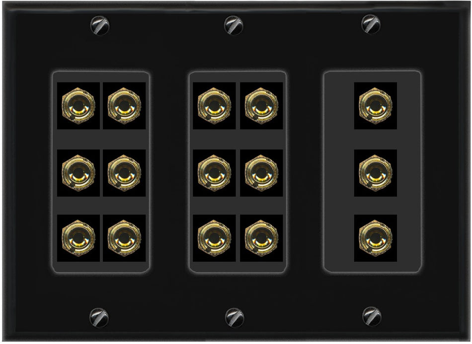 RiteAV 6.1 Surround Sound 6 Speaker 12 Banana Plug Jack Wall Plate w/RCA Subwoofer + 2 HDMI Female Connectors - 3 Gang [Black]