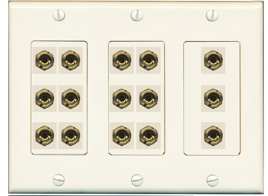 RiteAV 6.1 Surround Sound 6 Speaker 12 Banana Plug Jack Wall Plate w/RCA Subwoofer + 2 HDMI Female Connectors - 3 Gang [Light Almond]