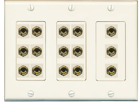 RiteAV 6.1 Surround Sound 6 Speaker 12 Banana Plug Jack Wall Plate w/RCA Subwoofer + 2 HDMI Female Connectors - 3 Gang [Light Almond]