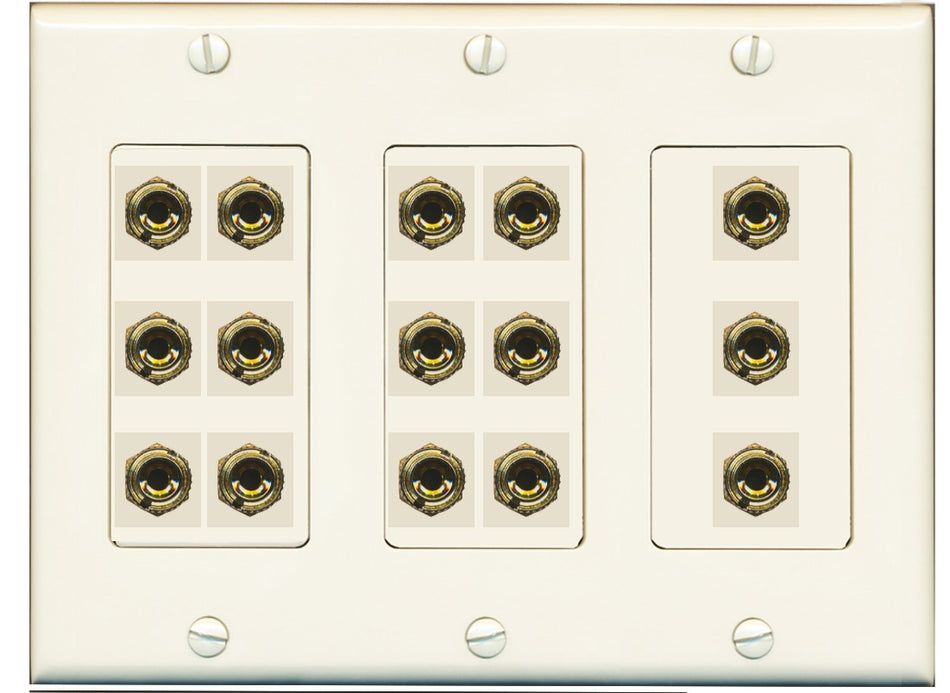 RiteAV 6.1 Surround Sound 6 Speaker 12 Banana Plug Jack Wall Plate w/RCA Subwoofer + 2 HDMI Female Connectors - 3 Gang [Light Almond]