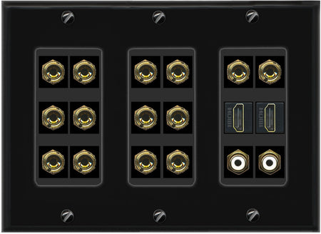 RiteAV 7.2 Surround Sound 7 Speaker 14 Banana Plug Jack Wall Plate w/ 2 RCA Subwoofer + 2 HDMI Female Connectors - 3 Gang [Black]