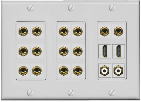 RiteAV 7.2 Surround Sound 7 Speaker 14 Banana Plug Jack Wall Plate w/ 2 RCA Subwoofer + 2 HDMI Female Connectors - 3 Gang [Gray]
