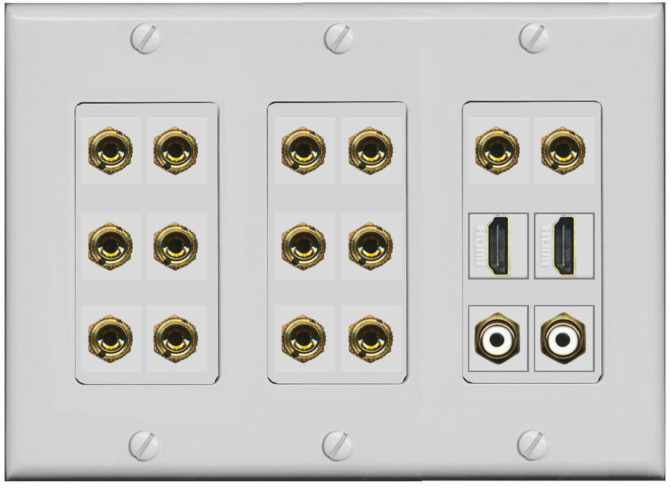 RiteAV 7.2 Surround Sound 7 Speaker 14 Banana Plug Jack Wall Plate w/ 2 RCA Subwoofer + 2 HDMI Female Connectors - 3 Gang [Gray]