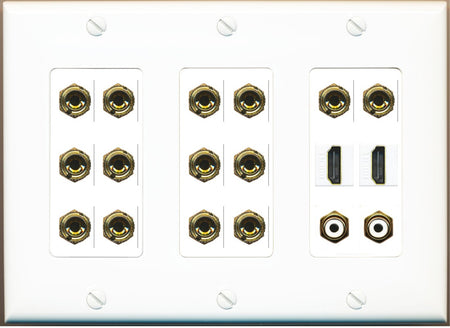 RiteAV 7.2 Surround Sound 7 Speaker 14 Banana Plug Jack Wall Plate w/ 2 RCA Subwoofer + 2 HDMI Female Connectors - 3 Gang [White]