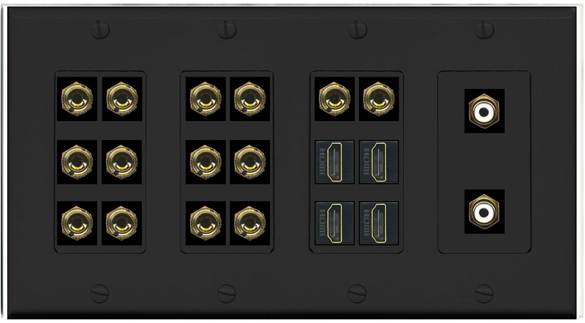 RiteAV 7.2 Surround Sound 7 Speaker 14 Banana Plug Jack Wall Plate w/ 2 RCA Subwoofer + 4 HDMI Female Connectors - 4 Gang [Black]