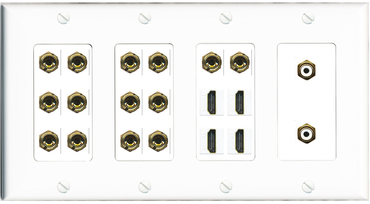RiteAV 7.2 Surround Sound 7 Speaker 14 Banana Plug Jack Wall Plate w/ 2 RCA Subwoofer + 4 HDMI Female Connectors - 4 Gang [White]