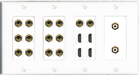 RiteAV 7.2 Surround Sound 7 Speaker 14 Banana Plug Jack Wall Plate w/ 2 RCA Subwoofer + 4 HDMI Female Connectors - 4 Gang [White]