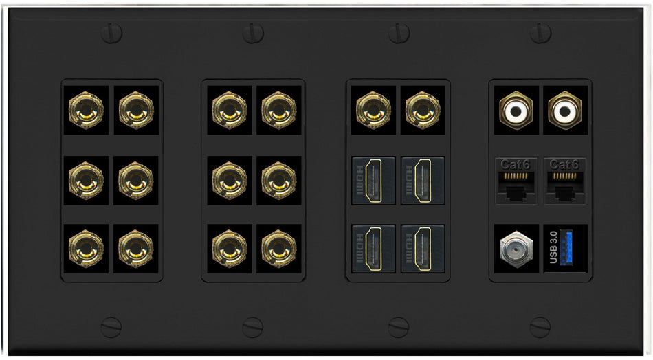 RiteAV 7.2 Surround Sound 7 Speaker 14 Banana Plug Jack Wall Plate w/ 2 RCA Subwoofer + 4 HDMI Coax + 2 x Cat6 1 x USB Jacks - 4 Gang [Black]