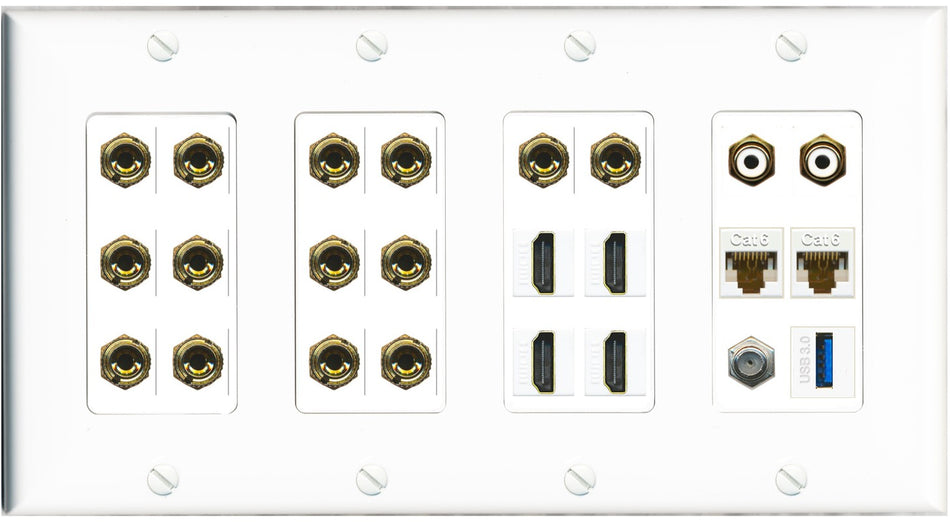 RiteAV 7.2 Surround Sound 7 Speaker 14 Banana Plug Jack Wall Plate w/ 2 RCA Subwoofer + 4 HDMI Coax + 2 x Cat6 1 x USB Jacks - 4 Gang [White]