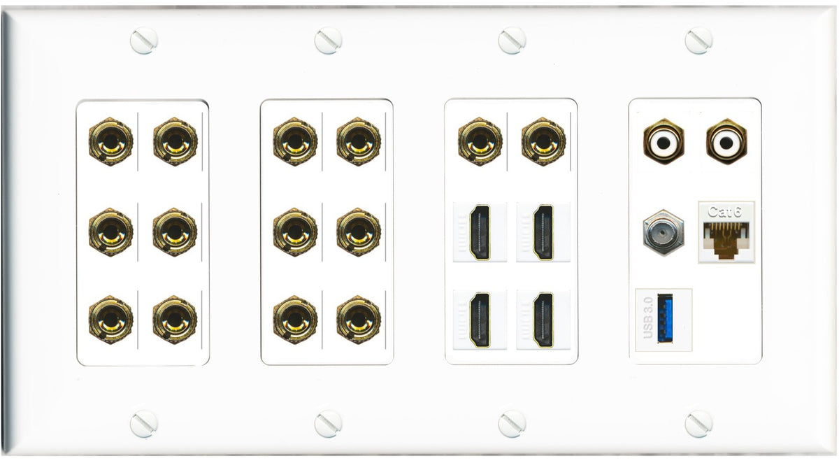 RiteAV 7.2 Surround Sound 7 Speaker 14 Banana Plug Jack Wall Plate w/ 2 RCA Subwoofer + 4 HDMI + 1 x Coax Cat6 USB Jacks - 4 Gang [White]
