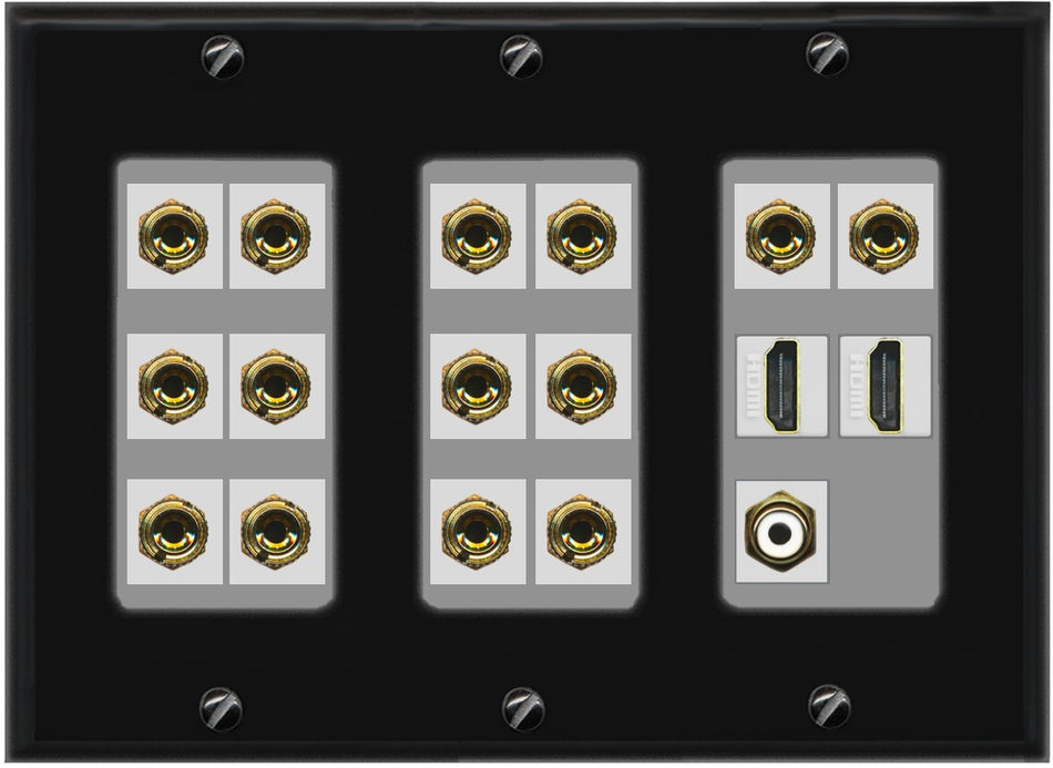 RiteAV 7.1 Surround Sound 7 Speaker 14 Banana Plug Jack Wall Plate w/RCA Subwoofer + 2 HDMI Female Connectors - 3 Gang [Black/Gray]
