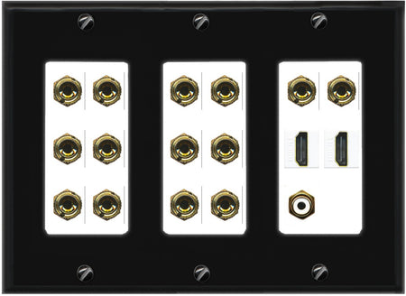 RiteAV 7.1 Surround Sound 7 Speaker 14 Banana Plug Jack Wall Plate w/RCA Subwoofer + 2 HDMI Female Connectors - 3 Gang [Black/White]