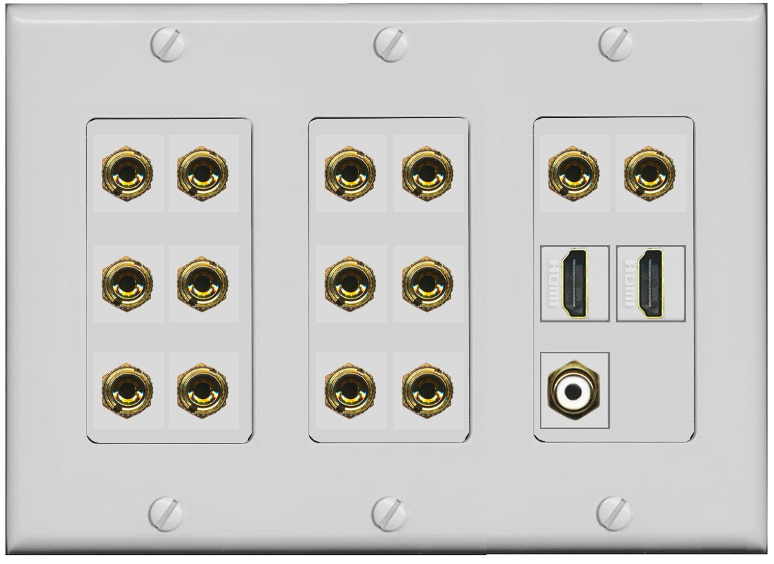 RiteAV 7.1 Surround Sound 7 Speaker 14 Banana Plug Jack Wall Plate w/RCA Subwoofer + 2 HDMI Female Connectors - 3 Gang [Gray]