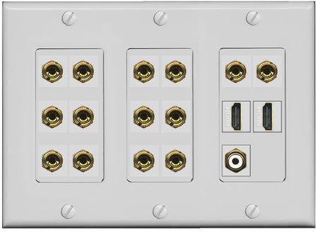 RiteAV 7.1 Surround Sound 7 Speaker 14 Banana Plug Jack Wall Plate w/RCA Subwoofer + 2 HDMI Female Connectors - 3 Gang [Gray]