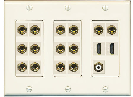 RiteAV 7.1 Surround Sound 7 Speaker 14 Banana Plug Jack Wall Plate w/RCA Subwoofer + 2 HDMI Female Connectors - 3 Gang [Light Almond]
