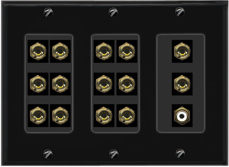 RiteAV 7.1 Surround Sound 7 Speaker 14 Banana Plug Jack Wall Plate w/RCA Subwoofer Female Connector - 3 Gang [Black]