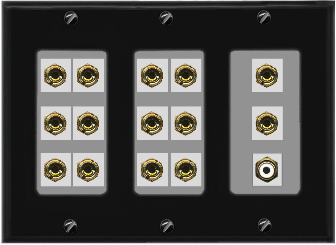 RiteAV 7.1 Surround Sound 7 Speaker 14 Banana Plug Jack Wall Plate w/RCA Subwoofer Female Connector - 3 Gang [Black/Gray]