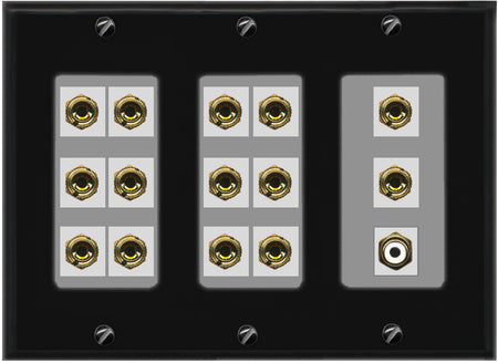 RiteAV 7.1 Surround Sound 7 Speaker 14 Banana Plug Jack Wall Plate w/RCA Subwoofer Female Connector - 3 Gang [Black/Gray]