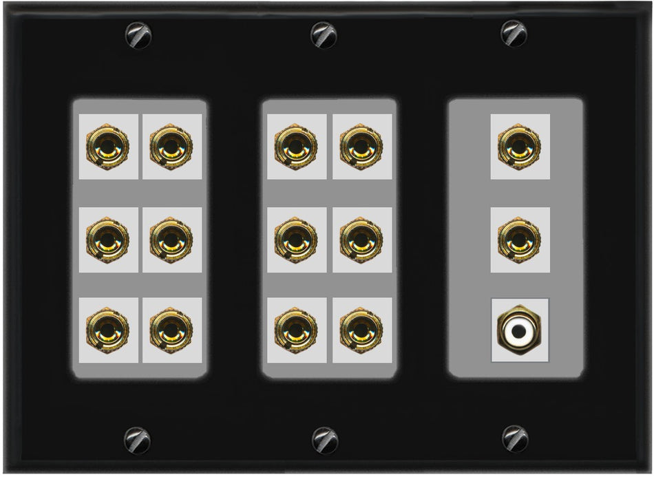 RiteAV 7.1 Surround Sound 7 Speaker 14 Banana Plug Jack Wall Plate w/RCA Subwoofer Female Connector - 3 Gang [Black/Gray]