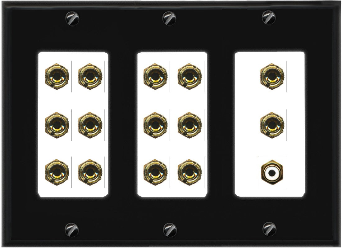 RiteAV 7.1 Surround Sound 7 Speaker 14 Banana Plug Jack Wall Plate w/RCA Subwoofer Female Connector - 3 Gang [Black/White]
