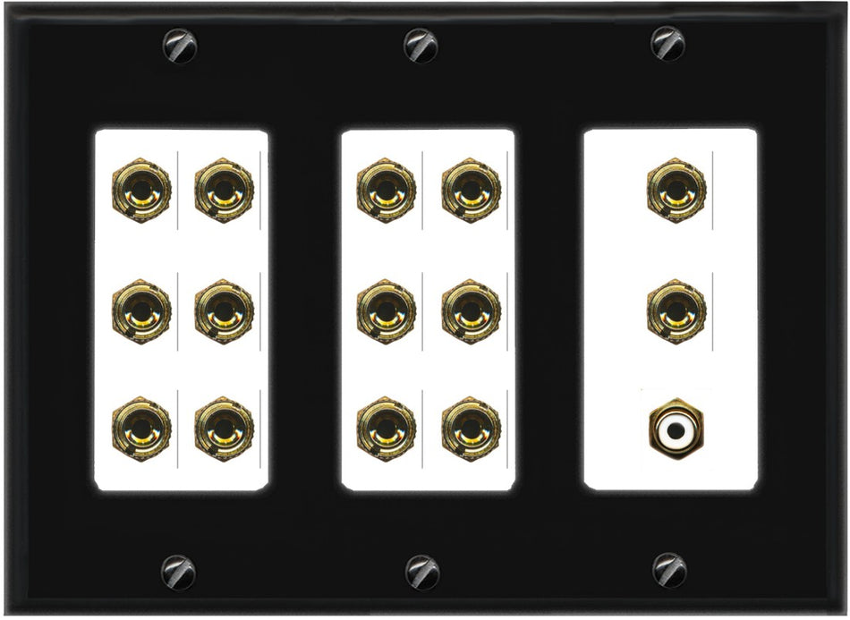 RiteAV 7.1 Surround Sound 7 Speaker 14 Banana Plug Jack Wall Plate w/RCA Subwoofer Female Connector - 3 Gang [Black/White]