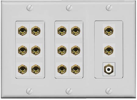 RiteAV 7.1 Surround Sound 7 Speaker 14 Banana Plug Jack Wall Plate w/RCA Subwoofer Female Connector - 3 Gang [Gray]