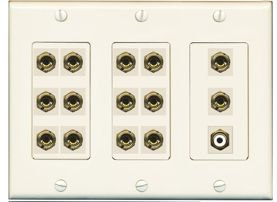 RiteAV 7.1 Surround Sound 7 Speaker 14 Banana Plug Jack Wall Plate w/RCA Subwoofer Female Connector - 3 Gang [Light Almond]