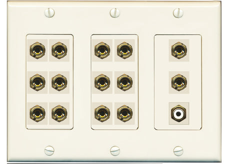 RiteAV 7.1 Surround Sound 7 Speaker 14 Banana Plug Jack Wall Plate w/RCA Subwoofer Female Connector - 3 Gang [Light Almond]
