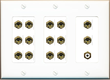 RiteAV 7.1 Surround Sound 7 Speaker 14 Banana Plug Jack Wall Plate w/RCA Subwoofer Female Connector - 3 Gang [White]