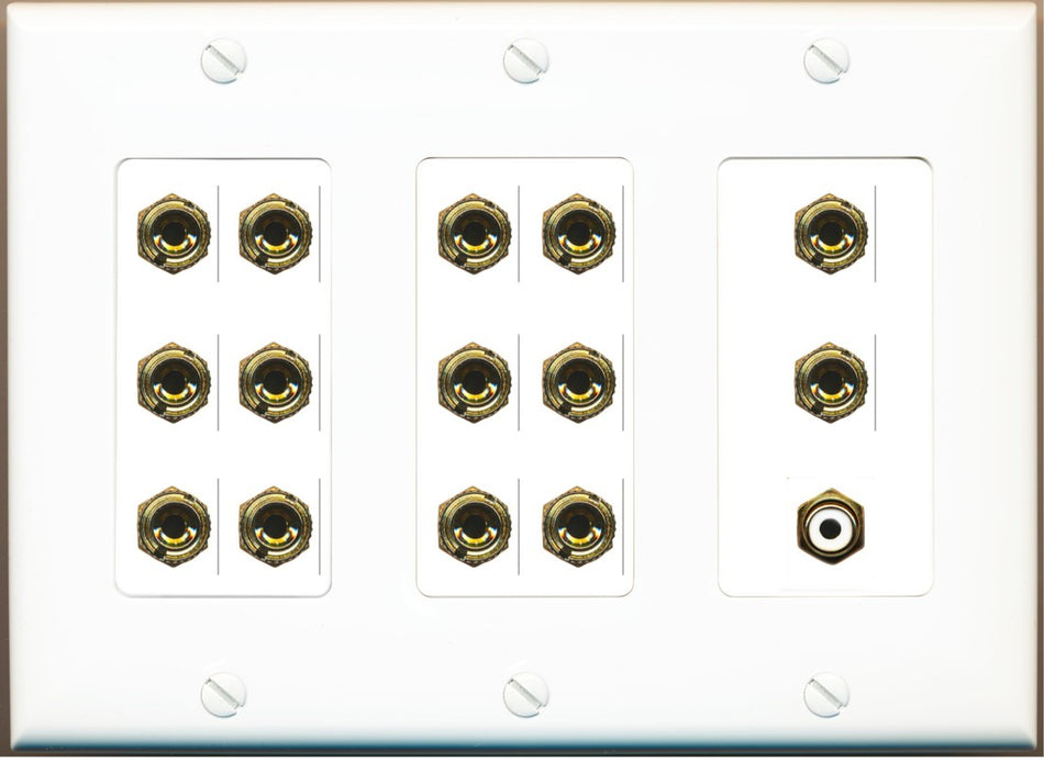 RiteAV 7.1 Surround Sound 7 Speaker 14 Banana Plug Jack Wall Plate w/RCA Subwoofer Female Connector - 3 Gang [White]