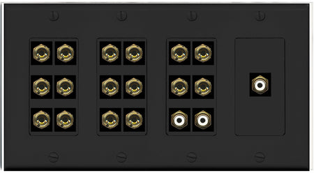 RiteAV 8.3 Surround Sound 8 Speaker 16 Banana Plug Jack Wall Plate w/3 RCA Subwoofer Female Connectors - 4 Gang [Black]