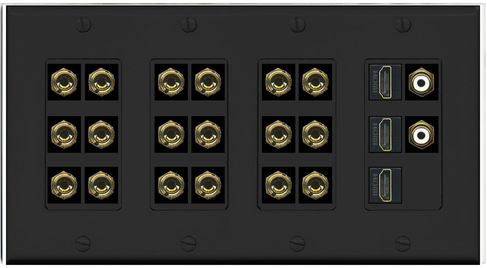 RiteAV 9.2 Surround Sound 9 Speaker 18 Banana Plug Jack Wall Plate w/ 2 RCA Subwoofer + 3 HDMI Female Connectors - 4 Gang [Black]