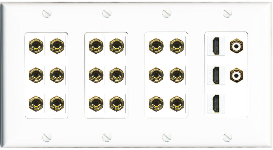 RiteAV 9.2 Surround Sound 9 Speaker 18 Banana Plug Jack Wall Plate w/ 2 RCA Subwoofer + 3 HDMI Female Connectors - 4 Gang [White]