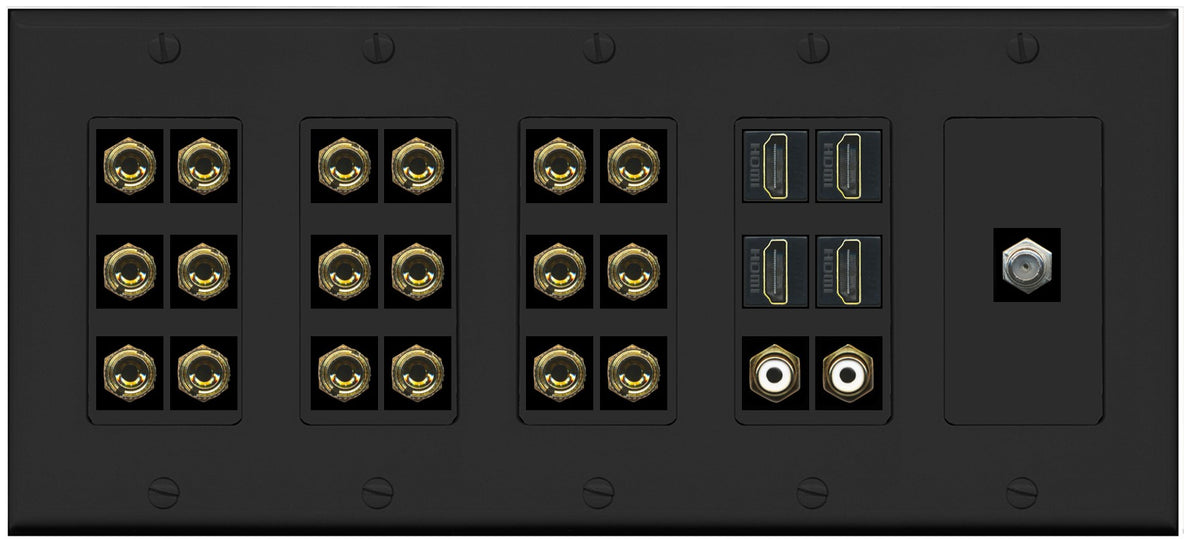 RiteAV 9.2 Surround Sound 9 Speaker 18 Banana Plug Jack Wall Plate w/ 2 RCA Subwoofer + 4 HDMI Coax Jacks - 5 Gang [Black]