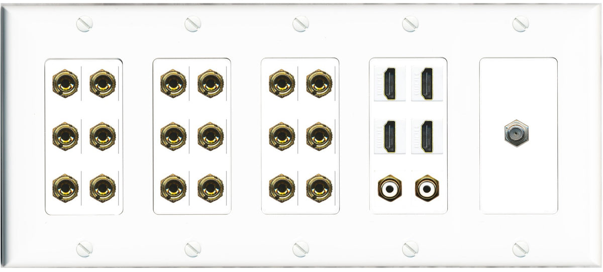 RiteAV 9.2 Surround Sound 9 Speaker 18 Banana Plug Jack Wall Plate w/ 2 RCA Subwoofer + 4 HDMI Coax Jacks - 5 Gang [White]