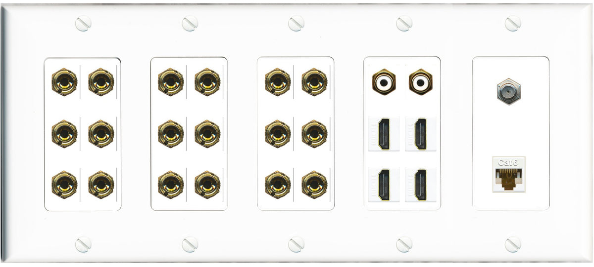 RiteAV 9.2 Surround Sound 9 Speaker 18 Banana Plug Jack Wall Plate w/ 2 RCA Subwoofer + 4 HDMI Coax Cat6 Jacks - 5 Gang [White]