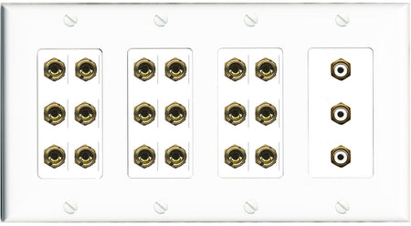 RiteAV 9.3 Surround Sound 9 Speaker 18 Banana Plug Jack Wall Plate w/3 RCA Subwoofer Female Connectors - 4 Gang [White]