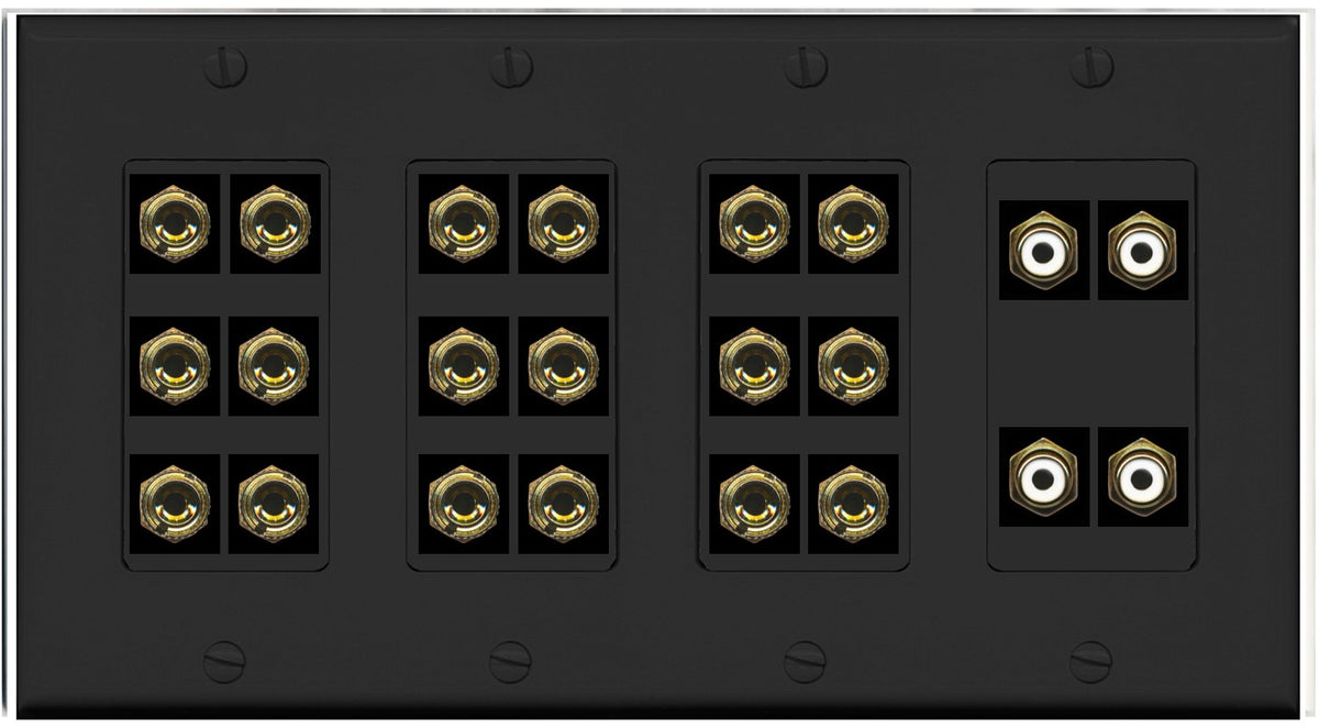 RiteAV 9.4 Surround Sound 9 Speaker 18 Banana Plug Jack Wall Plate w/4 RCA Subwoofer Female Connectors - 4 Gang [Black]