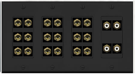 RiteAV 9.4 Surround Sound 9 Speaker 18 Banana Plug Jack Wall Plate w/4 RCA Subwoofer Female Connectors - 4 Gang [Black]
